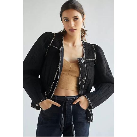 Anthropologie Quilted Puff Sleeve Jacket in Black - Picture 1 of 11